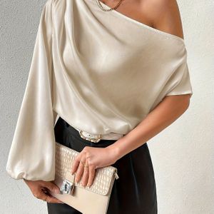 Schuin Schouder Kleur Blouse, Elegante Asymmetrische Lantaarnmouw Blouse Voor Lente & Herfst, Dameskleding