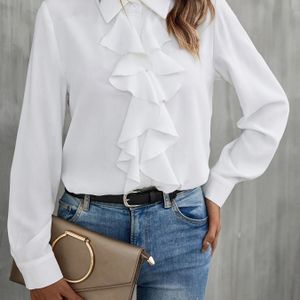 Elegante lange mouw overhemd met een witte kanten kraag voor dames.