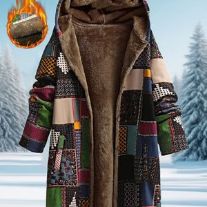 Vrouwen's Gezellige Fleece-gevoerde Capuchonjas - Geometrisch Mid-Lengte Winterjas met Zakken, & Multicolor Design, Casual Stijl voor Herfst/Winter, Winterjas
