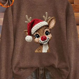Dames Plus Size Kerst Rendier & Rode Print Trui - Knusse Winter Pullover, Casual Ronde Hals Blouse, Wasmachinebestendige Feestelijke Top voor Kerstfeesten & Koude Weer Outfits