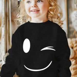 en leuk gezichtsweatshirt, kinder herfst zwart wit geel vierkleuren print ronde hals pullover, dagelijks vakantie casual kleding