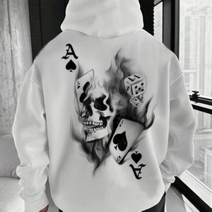 Rode heren hoodie met pokerkaart & doodskop print - Losse casual pullover, French fleece voering, capuchon met trekkoord, comfortabel voor alle seizoenen