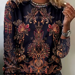 Plus Size Casual Paisley Print Lange Mouw T-Shirt, Crew Hals Polyester Blend Top met Licht Stretch, Lente/Herfst Vrouwen Mode