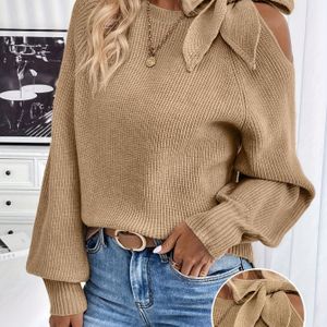 New Dames Asymmetrische Strik Lange Mouwen Trui - Elegant Casual Pullover Herfst en Winter Mode Kantoorstijl Off-Shoulder Top