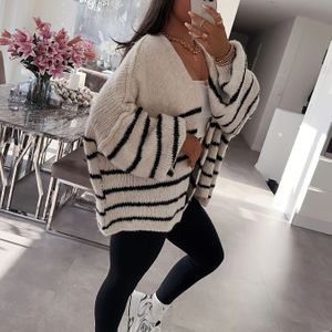 Dames Cozy Fleece Vest - Zachte Zwart & Wit Gestreepte Trui met Knoopsluiting, Casual Lange Mouw Open Vest voor Herfst/Winter, Casual Bovenkleding