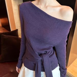 Women's Off-shoulder Long Sleeve Top - High Elasticity Asymmetrical Hem Blouse With Adjustable Waist Tie, Solid Color Spring/summer Fashion Commuter Style, Blouse With Elegant Ruffle Hem