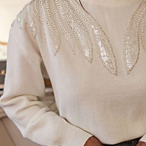 Dames Franse Stijl Elegante Kralen Trui - Witte Ronde Hals Drop Schouder Lange Mouwen Blouse, Losse Pasvorm Wintertruien voor Herfst/Winter, Franse Collectie Kleur Casual & Chique Outfits