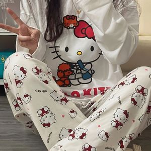 2pcs/set Hello Kitty Cartoon Cute Pajama Set for Teens, Long Sleeve Round Neck Polyester Knit Sleepwear, Casual Loose Fit Long Pants Loungewear