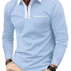 Heren Lichtblauwe Lange Mouw Polo Shirt met Ritskraag & Borstzak - Casual Knoopsluiting Shirt voor Lente/Heren, Pasvorm, Kleur, Lente Herfst Kleding | Ritskraag Shirt | Licht Elastisch Stof