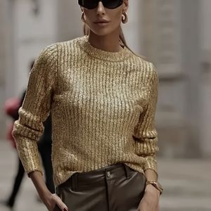 Gouden Trui Top | Luxe Shimmer Design, Modieuze Veelzijdige Herfst-Winter Dameskleding, Ronde Hals, Kleur.