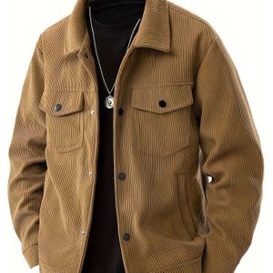 Herren Corduroy Cargo Jack - Zwart, Multifunctionele Zakken met Klepzakken, Knoopsluiting, Lange Mouwen, Casual Stijl, Wasmachinebestendig