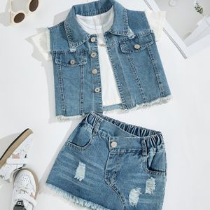 Meisjes Mode Denim Set, Mouwloos Kort Reversjasje + High-Waist Gescheurde Denim Rok, Casual Trendy Outfit, Perfect voor Buiten