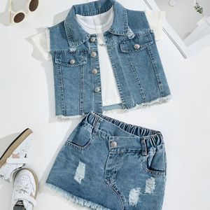 Meisjes Mode Denim Set, Mouwloos Kort Reversjasje + High-Waist Gescheurde Denim Rok, Casual Trendy Outfit, Perfect voor Buiten