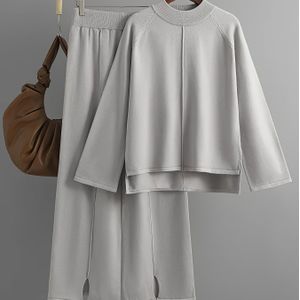 TEMU Elegante gebreide polyester trui-set - Crew Neck lange mouw Raglan top met zijdelingse en gebreide wijde broek co-ords, Midden-Oosterse stijl kleur dip twee- outfit