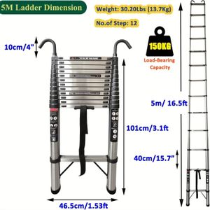 Thicken 5m/16.4ft Heavy Duty Telescopic Ladders With Hooks Stainlee Steel Extending For Indoor Outdoor Roof Work Decoration Builder Supply 150kg Capacity