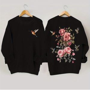 Vrouwen's Bloemen & Vogel Print Sweatshirt - Lange Mouw Ronde Hals Pullover met Roze Rozen, Wasmachinebestendige Casual Trui voor Dames, Damessweaters