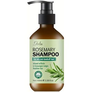 100 ml rozemarijn shampoo met biotine en pepermunt, verwijdert losse roos, voegt glans toe voor alle haartypes