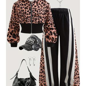 Meisjesmode Set Tweedelig Herfst Luipaardprint Hooded Lange Mouw Jas en Wijde Pijpen Broek, Perfect voor Buitenactiviteiten, Buitenspeelkleding