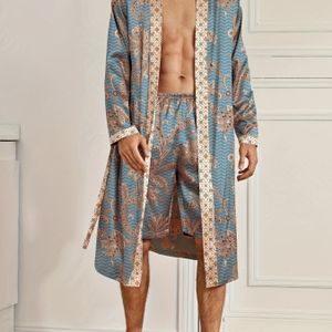 Heren Slaapjas, Elegante En Lichte Luxe Pyjama Set, Stijlvolle Prachtige Bloemenprint, V-hals Lange Mouwen Slaapjas En Shorts, Slaapkledij Set Voor Thuisgebruik