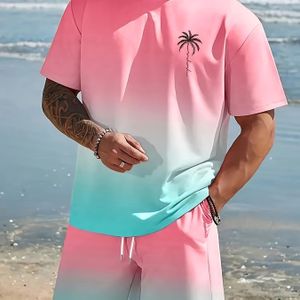 Herensportset met Korte Mouwen en Gradiëntkleur Letterprint - Gemaakt van Polyester & Spandex, Gebreide Stof, Aansluitende Pasvorm, Ronde Hals, Stijlvolle Zomercollectie