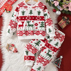 Meisjes Casual Uitje Mode Kerstpatroon Ronde Hals Lange Mouwen Top en Broek Tweedelige Set, Zachte Warme Dubbelzijdige voor Herfst en Winter, Perfect voor Buiten