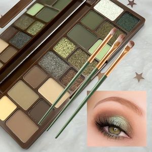 16-kleurige waterdichte oogschaduwpalet met 3 borstels - Glanzende en matte bosgroene tot geelachtige tinten, langdurige dag- en nachtmake-up, hoge kwaliteit pigmentatie voor de hele dag