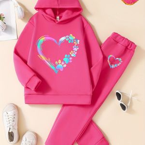 Gezellige & Schattige Meisjes 2- Set: Fleece-gevoerde Hoodie met Kleurrijk Hartontwerp & Bijpassende Joggingbroek - Perfect voor Herfst/Winter, Perfect voor Buiten