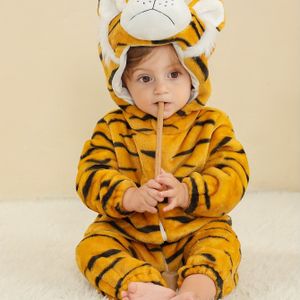 Baby Jongens Halloween Kostuum - Schattige Tijger & Zebra Print Flanellen Jumpsuit met Rits, Losse Pasvorm Herfst-Winter Outfit voor Jongens, Peuterkostuum, Duurzame Drukknoopjes, Buiten