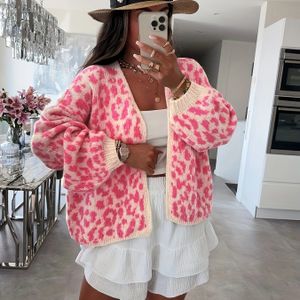 Dames Casual Luipaard Print Cardigan - Kleurblok Acryl Trui met Ribbed Kraag, Herfst/Winter Stijl, Wit en , Stijlvolle Casual Kleding|Luipaard Print Top|Chunky Knit Texture