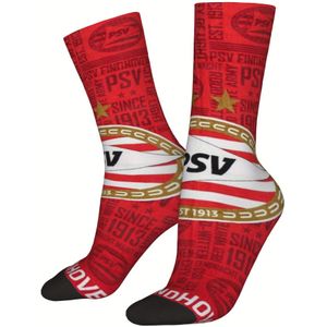 1 Paar PSV Voetbal Officiële Embleem & Slogans Compressiekousen - Rood/Wit Gestreept Vintage Design, Naadloos Comfortabel, Unisex Crew Sokken voor Mannen & Vrouwen, Kleding Cadeau