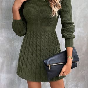 Kabel Gebreide Ronde Hals Slanke Jurk, Elegante Lange Mouw Eenvoudige Jurk Voor Lente & Herfst, Dameskleding