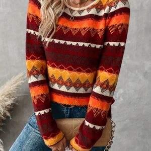 Chique geometrische trui voor dames - Comfortabel lange mouw, ronde hals, kleurbloksdesign in rood, oranje en zwart, perfect voor herfst/wintermode, truijurk