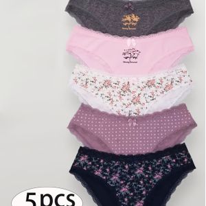 5-Pack Damesdriehoeksluiers met Bloemenprint, Nude Comfortabele Zachte Rekbare Maat Ondergoed met Strikversiering, Eenvoudige Elegante Ademende Slipjes - Nieuwe Collectie 2025