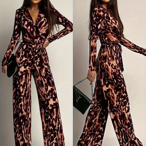 Elegante dames jumpsuit met luipaardprint - Diepe V-hals lange mouwen wijde pijpen broek met ceintuur, outfit met dierenprint voor lente/herfst, van casual tot formele gelegenheden