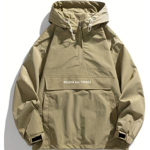 Preppy Stijl Herenjack met Rits en Capuchon - Olijfgroene Polyester Buitenjas met Zakken, " Alles" Opdruk, Losse Pasvorm voor Casual , Jassen en Hoodies