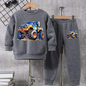 Chenhan's Ronde Hals Sweatshirt Set, Fleece-Gevoerde Warme Casual Outfit met Willekeurige Borstprint, Perfect voor Buiten