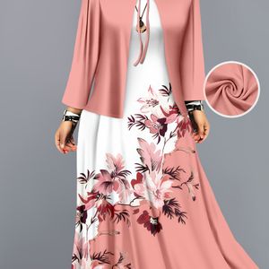 Modieuze tweedelige set voor dames: kleur vest en bloemenprint patchwork jurk