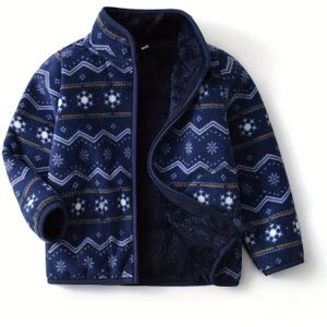 Vintage Faroër Gestreepte Print Fleece-Gevoerde Jas voor Jongens - Gezellige Warme Winter Casual Rits-Up met Opstaande Kraag, Marineblauw en Wit, Jongens Winterkleding