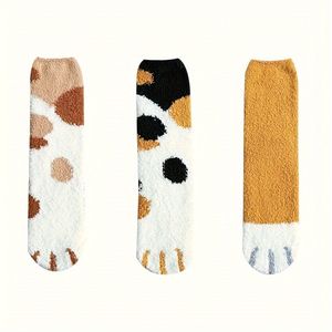 Herfst & Winter 3 Paar Dames Kattenpootjes Thermische Sokken, Pluizige Zachte Comfortabele Coral Fleece Gestreepte Schattig Ontwerp Warme Vloersokken voor Koude Weer
