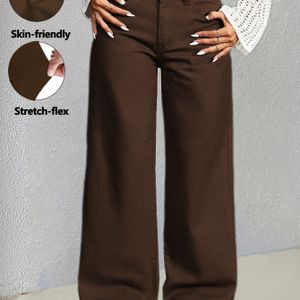 Vrouwen Bruine Knoopsluiting Casual Wijdpijpje Jeans met Meerdere Zakken