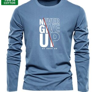 Heren 100% Katoen Oversized Lange Mouw T-Shirt met Never Give Up Slogan & Tekst - Motiverende Lettering Ronde Hals Top voor Lente/Herfst, Casual Kleding (Grijs) - 100% Katoen Pasvorm