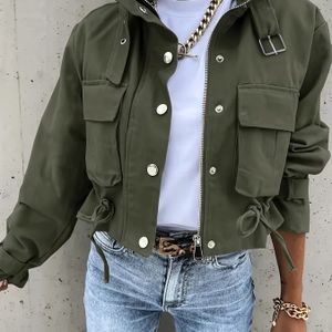 Dames Olijfgroene Bomberjack met Trekkoord in de Capuchon - Casual Werkkleding Stijl, Lange Mouw met Rits en Meerdere Zakken, Opstaande Kraag en Verstelbaar Trekkoord