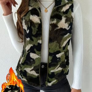 Dames Camouflage Print Mouwloos Vest met Opstaande Kraag - Casual, Rits-Up Polyester Bovenkleding voor Alle Seizoenen