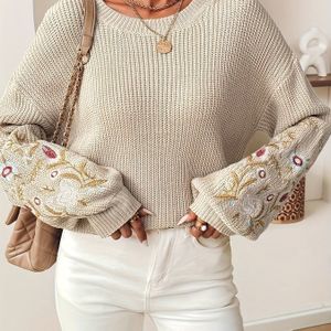 Loose-fit lange mouw trui met bloemenstiksel - Casual ronde hals, perfect voor lente en herfst commutatie, herfst casual kleding|Bloemenstiksel trui|Detaileerde naaiwerk, trui jurk