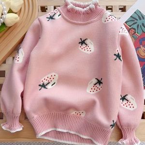 Roze gebreide trui met aardbeienmotief voor kinderen - Casual ronde hals, polyestermix met medium stretch, herfst/winter bloemenpatroon, comfortabel en warm voor kinderen vanaf 3 jaar