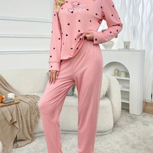 Dames Pijjama Set Met Schattige Cartoon Beer, Hartpatroon, Lange Mouw, Ronde Hals, Comfortabel Casual Thuisdrachten Voor Lente/Herfst, T-shirt