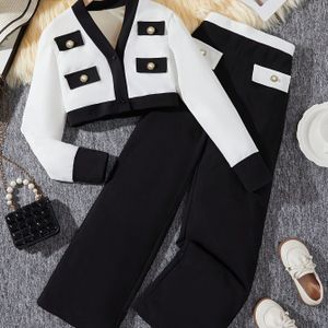 Meisjes Tweedelige Set: Color Block Koreaanse Stijl Korte Jas en Slim Fit Zwarte Broek voor de Herfst, Ideaal voor Buiten
