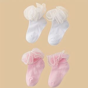 Pack van 2 paar parel- en kanten danssokken voor meisjes, middelbare leeftijd en ouder, elegante prinsessenstijl korte sokken voor feestkleding