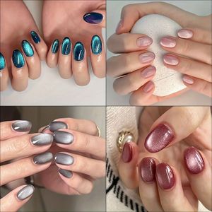 96 stuks ovale kattenoog druk-op nagelset, glitter kattenoog druk-op nagels, verloopnagels met twee jellylijmen en een nagelvijl, geschikt voor vrouwen en feestelijke nageldecoratie