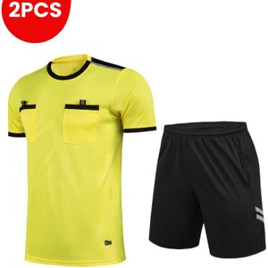 2- Sport Scheidsrechterspak, Voetbal, Volleybal, Tafeltennis, enz., Comfortabel Trainingsshirt met Ademende Korte Mouwen + Sneldrogende Atletische Shorts met Elastische Tailleband en Zakken